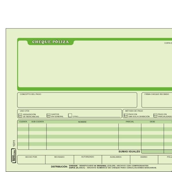 POLIZA DE CHEQUE 1011 PRINTAFORM 12 OFI. 25 JGO. E3144